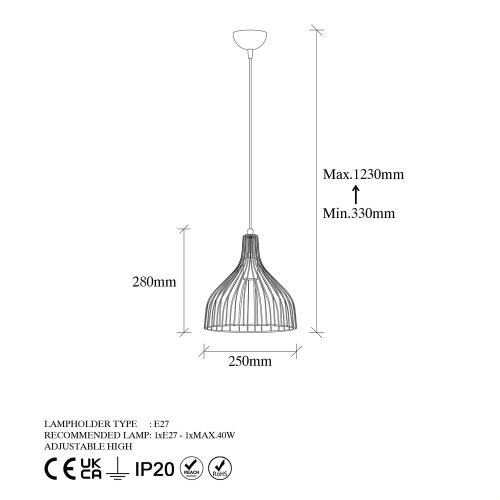 Industrial chandelier with metal body, black and antique finish, 25 x 25 x 33 cm | Adjustable height up to 123 cm | E27 socket, max 40W | Perfect for modern interior design and unique lighting solutions