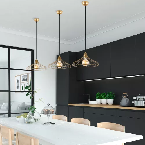 Elegant shiny gold chandelier, metal body, 36 x 36 x 120 cm | Adjustable height, E27 socket (max. 40 W), IP20 | Perfect for modern living rooms, dining rooms and glamorous decor