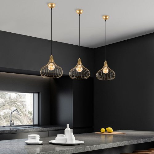 Elegant shiny gold chandelier, metal body, adjustable height, 22 x 22 x 120 cm | E27 socket, max 40W, IP20 | Perfect for modern interior design, charming lighting in the living room and dining room