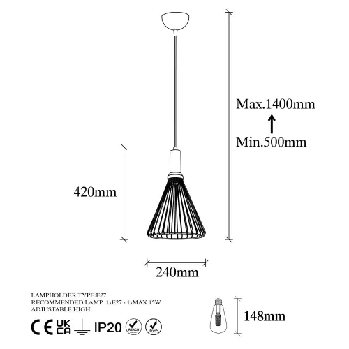 Modern industrial chandelier, black and antique coating, 24 x 24 cm, adjustable height 50-140 cm, E27 socket max. 15W, metal housing and base, stylish lighting for home and office decoration
