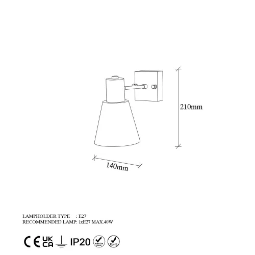 Elegant gold wall lamp, metal housing, 14 x 24 x 21 cm | Cap diameter: 14 cm, height: 13 cm | E27 socket, max 40W | IP20 rated | Perfect for Glam and Scandinavian interior design, hotel style lighting