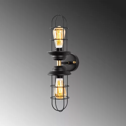 Industrial wall lamp, black and gold, 12 x 20 x 51 cm | Metal body with a cap diameter of 10 cm and a height of 25 cm | 2 x E27 sockets (max. 40 W) | Stylish lighting for modern interior design, IP20 rating