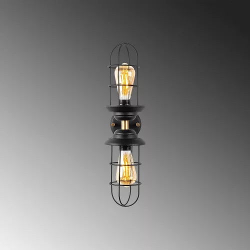 Industrial wall lamp, black and gold, 12 x 20 x 51 cm | Metal body with a cap diameter of 10 cm and a height of 25 cm | 2 x E27 sockets (max. 40 W) | Stylish lighting for modern interior design, IP20 rating