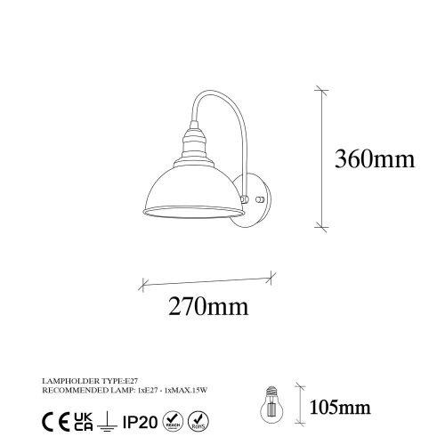 Stylish wall lamp, Vintage metal design, 27 x 27 cm, height 36 cm | E27 socket, max 15W | Bohemian and Scandinavian style, IP20 | Perfect for interior design and ambient lighting