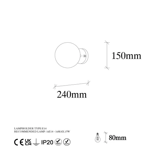 Vintage wall lamp with metal housing and glass cap, 15 x 15 cm, Height: 24 cm | E14 socket, max 15W | Elegant copper coating, modern Glam design for home and office decoration, IP20 rating