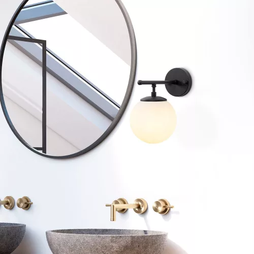 Modern wall lamp with metal body and glass cap, black-cream, 15 x 24 x 24 cm | E14 socket, max 40W | Stylish industrial and Scandinavian design, perfect for home and office lighting