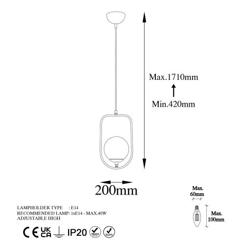 Elegant golden chandelier, metal body, width 20 cm, height adjustable (42-171 cm), IP 20, E14 socket (max. 40 W), stylish lighting for home and office, perfect for modern decoration, cable length 90 cm.