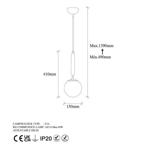 Industrial black chandelier, adjustable height 15 x 15 x 49 cm, metal housing with glass cap, maximum bulb size E14, 220-240 V, perfect for Scandinavian and abstract decoration, stylish lighting solution