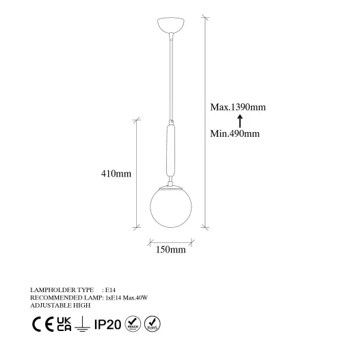 Elegant golden chandelier, metal body, adjustable height (15 x 15 x 49 cm, max. height 139 cm) | Stylish Scandinavian design, perfect for living room and dining room | E14 socket, max 40 W (bulb not included)