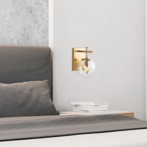 Elegant gold wall lamp, metal housing, with glass cap, 15 x 20 x 15 cm | E14 socket, max 40W | IP20 rated | Perfect for Glam and Scandinavian decor in hotels and modern spaces