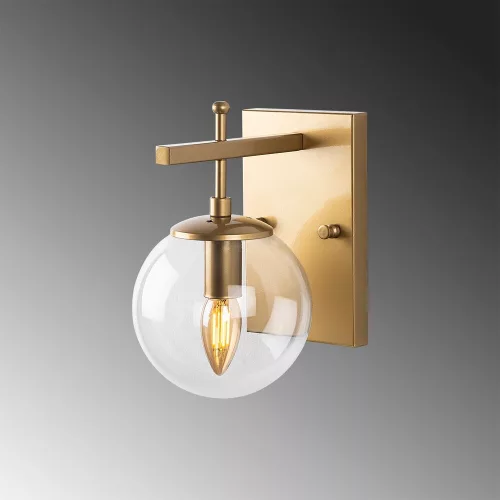 Elegant gold wall lamp, metal housing, with glass cap, 15 x 20 x 15 cm | E14 socket, max 40W | IP20 rated | Perfect for Glam and Scandinavian decor in hotels and modern spaces