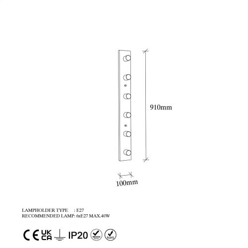 Elegant gold wall lamp, metal housing, 10 x 10 x 91 cm | Base: 91 x 10 cm, Height: 2 cm | IP20, 6 x E27 Max 40W | A charming monochromatic design for modern interior design and atmosphere