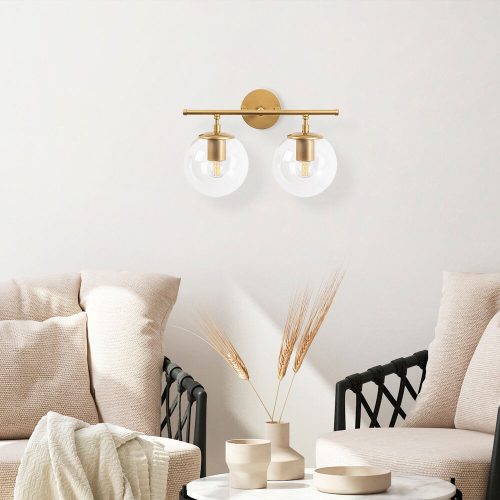 Elegant wall lamp with metal body and glass cap, shiny gold coating, 36 x 24 x 16 cm | IP20, 2 x E14 sockets (max. 40 W) | Modern Scandinavian design, perfect for Glam home decor and ambient lighting