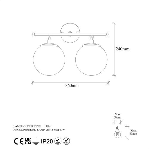 Elegant wall lamp with metal body and glass cap, shiny gold coating, 36 x 24 x 16 cm | IP20, 2 x E14 sockets (max. 40 W) | Modern Scandinavian design, perfect for Glam home decor and ambient lighting