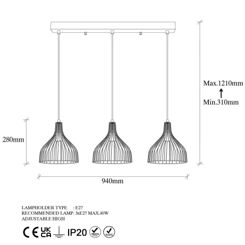 Industrial chandelier with metal body, black and antique finish, 94 x 25 x 121 cm | Adjustable height, 3 x E27 sockets (max. 40 W) | Perfect for modern home decor and dining rooms, stylish and functional design