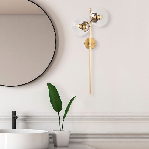 Modern Wall Lamp with Shiny Gold Finish, Metal Body & Glass Cap, 32 x 27 x 72 cm | 2 x E14 Socket (Max 40W) | Elegant Scandinavian Design, Perfect for Glam Home Decor | IP20 Rated