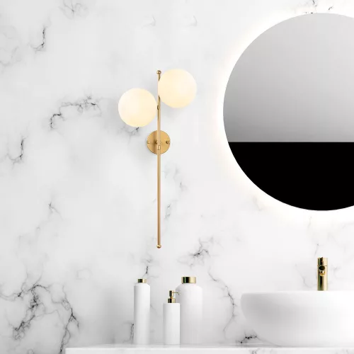 Elegant wall lamp with metal body and glass cap, shiny gold coating, 32 x 27 x 72 cm | 2 x E14 sockets (max. 40 W) | Modern Scandinavian design, perfect for Glam home decor | IP20 rated