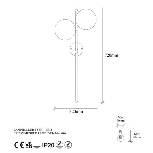 Modern wall lamp with metal body and glass cap, black-cream, 32 x 27 x 72 cm | 2 x E14 sockets (max. 40 W) | Stylish industrial and Scandinavian design for home and office | IP20 rated