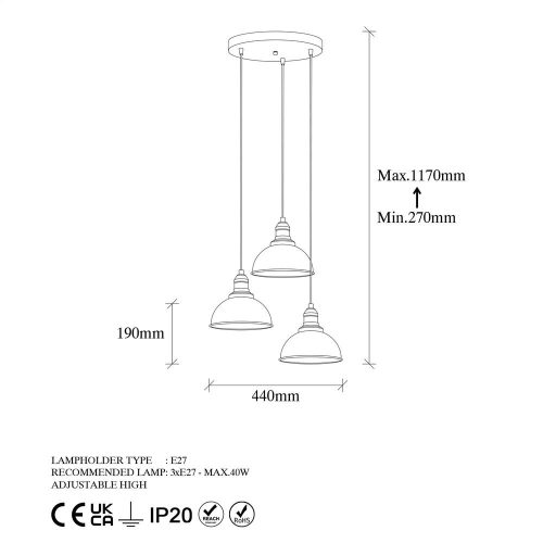 Elegant industrial chandelier, black and antique design, 44 x 44 x 117 cm | Metal housing, adjustable height, 3 x E27 sockets (max. 40W) | Perfect for modern Scandinavian and innovative decor