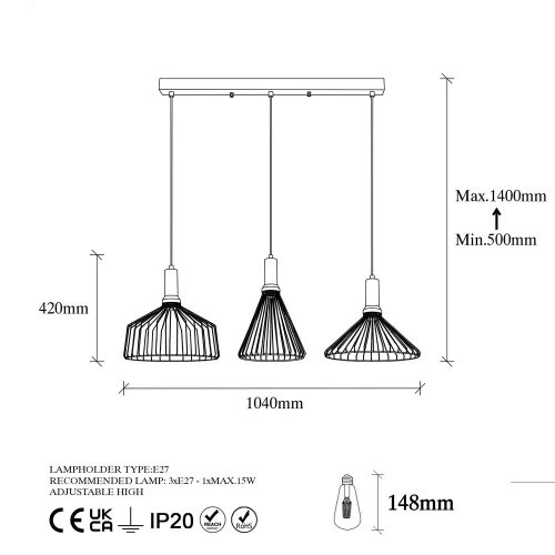 Modern industrial chandelier, black and antique finish, 104 x 34 cm | Adjustable height 50-140 cm | Metal housing, 3 E27 sockets, elegant Glam design for home and office lighting