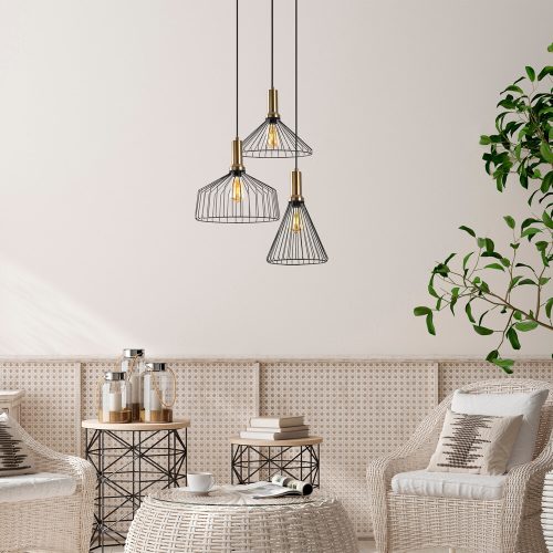 Modern industrial chandelier, black and antique finish, 63 x 54 cm, adjustable height 50-140 cm, metal housing and base, 3 x E27 sockets, elegant Glam design for home and office lighting
