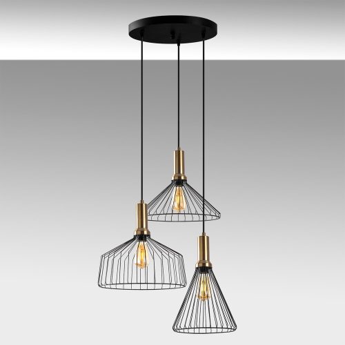 Modern industrial chandelier, black and antique finish, 63 x 54 cm, adjustable height 50-140 cm, metal housing and base, 3 x E27 sockets, elegant Glam design for home and office lighting