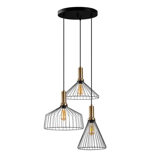 Modern industrial chandelier, black and antique finish, 63 x 54 cm, adjustable height 50-140 cm, metal housing and base, 3 x E27 sockets, elegant Glam design for home and office lighting