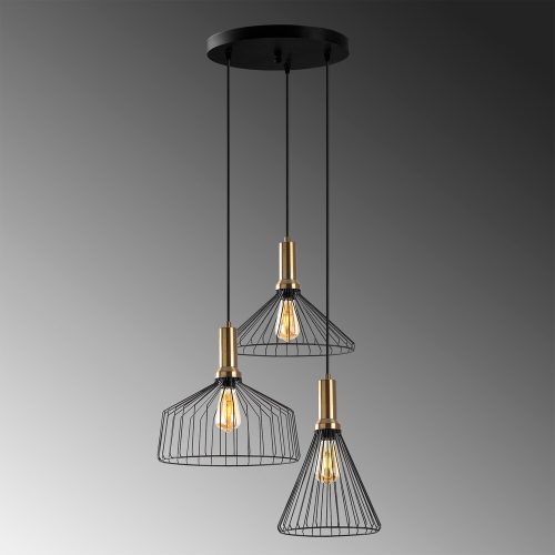 Modern industrial chandelier, black and antique finish, 63 x 54 cm, adjustable height 50-140 cm, metal housing and base, 3 x E27 sockets, elegant Glam design for home and office lighting