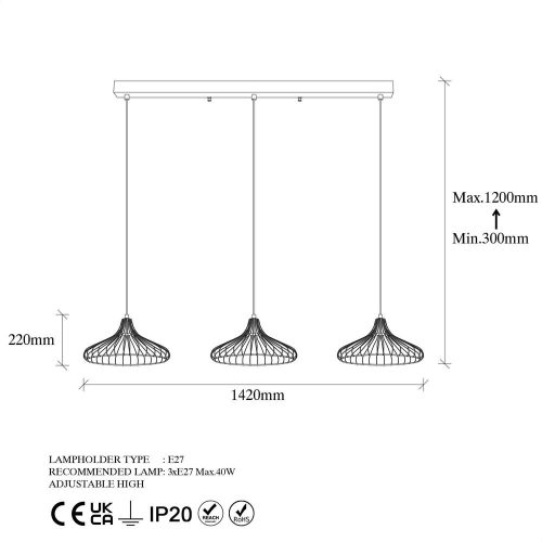 Industrial chandelier with metal body, adjustable height, black and antique finish | 3 x E27 Socket, 148 x 36 x 30-120 cm | Perfect for nostalgic interior design and modern spaces, IP20 rated