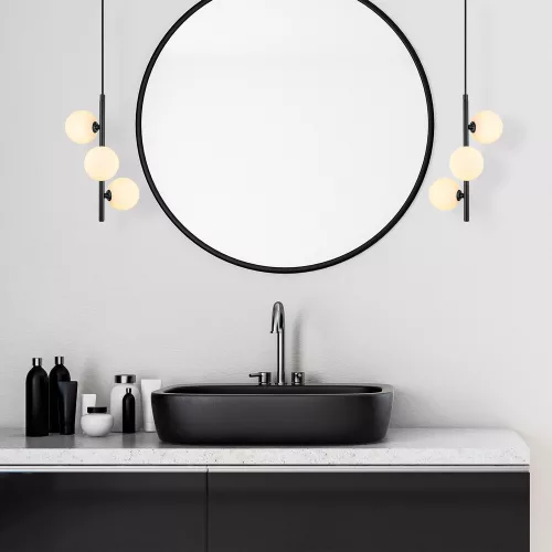 Modern industrial chandelier, black and white, 36 x 36 x 46 cm | Adjustable height up to 131 cm | Metal housing with glass cap, 3 x G9 socket (bulb not included) | Stylish lighting for Scandinavian and innovative decoration