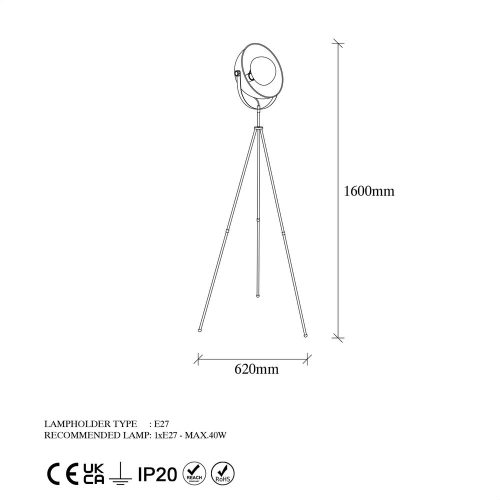 Modern floor lamp with metal housing and cap, black and gold, 62 x 45 x 160 cm | E27 Socket, Max 40W, 200 cm Cable | Stylish lighting for home and office use, elegant, innovative design, IP20 rating