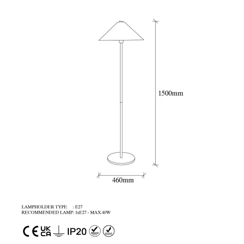 Elegant gold floor lamp, 46 x 46 x 150 cm | Metal housing with 40 cm cap, IP20, E27 socket (max. 40W) | Perfect for modern, Scandinavian and hotel decor | Stylish lighting for every space