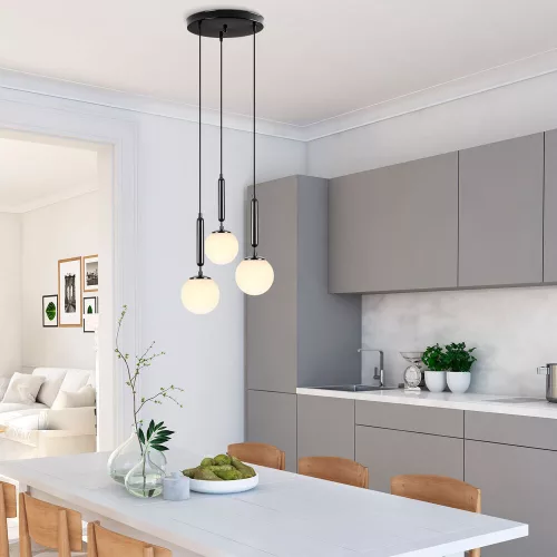 Modern industrial chandelier, black and white, 34 x 34 x 134 cm | Metal housing, glass cap (15 cm), adjustable height, 3 x E14 Max 40W | Perfect for Scandinavian and modern decor, IP20 rated