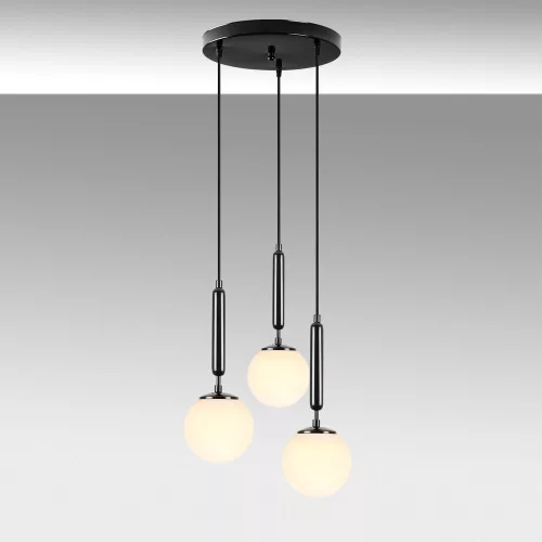 Modern industrial chandelier, black and white, 34 x 34 x 134 cm | Metal housing, glass cap (15 cm), adjustable height, 3 x E14 Max 40W | Perfect for Scandinavian and modern decor, IP20 rated