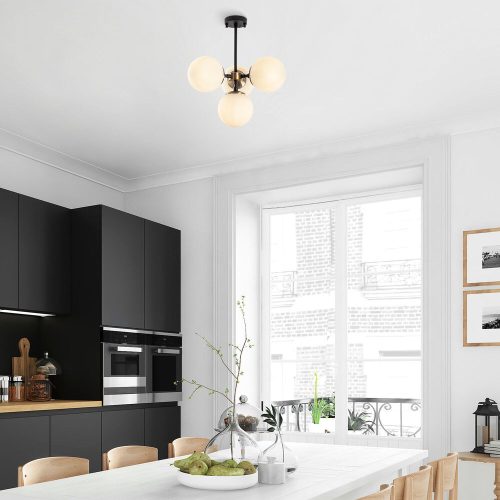 Modern chandelier with metal body and glass cap, 43 x 43 x 47 cm | Antique, black and cream finish | 4 x E14 sockets (max. 40 W) | Stylish industrial and Scandinavian design for home and office lighting