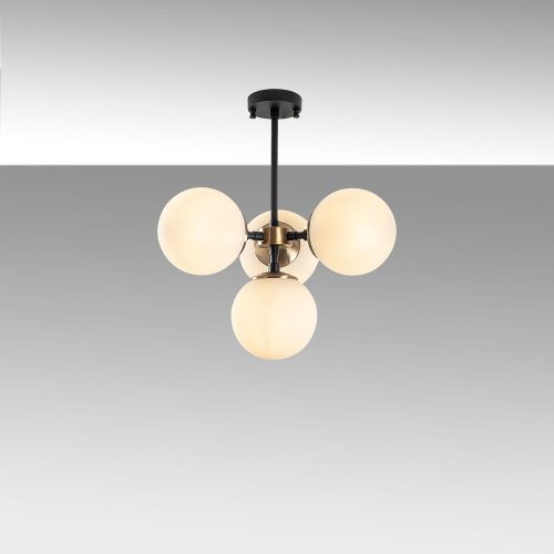 Modern chandelier with metal body and glass cap, 43 x 43 x 47 cm | Antique, black and cream finish | 4 x E14 sockets (max. 40 W) | Stylish industrial and Scandinavian design for home and office lighting