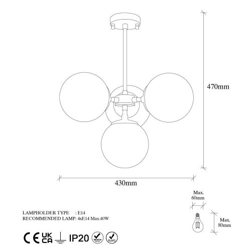 Modern chandelier with metal body and glass cap, 43 x 43 x 47 cm | Antique, black and cream finish | 4 x E14 sockets (max. 40 W) | Stylish industrial and Scandinavian design for home and office lighting