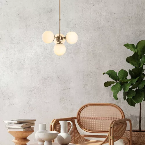 Elegant vintage chandelier, adjustable height 43-89 cm, metal body and glass cap, 4 x E14 sockets, copper finish, perfect for modern and Scandinavian decor, IP20 rating, bulbs not included