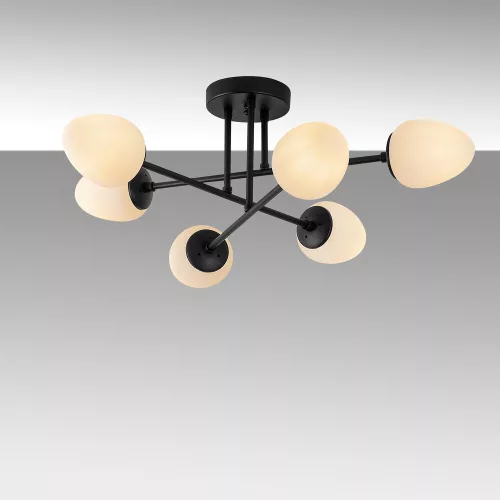 Modern industrial chandelier, black and cream, 81 x 81 cm | Metal housing, glass cap, 6 x E14 sockets (max. 15 W) | Elegant Scandinavian design, perfect for home and office lighting, IP20 rated