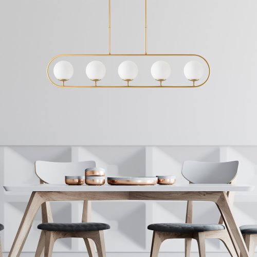 Elegant shiny gold chandelier, metal body and glass cap, 122 x 15 cm, adjustable height 49-91 cm, 5 x E14 socket, modern Scandinavian design, perfect for charming home decoration and lighting