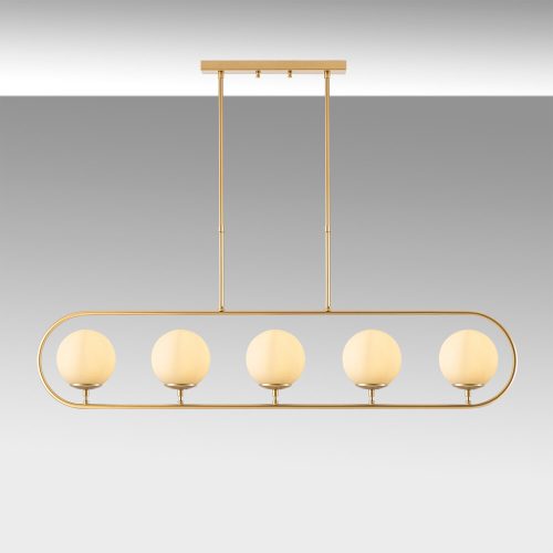 Elegant shiny gold chandelier, metal body and glass cap, 122 x 15 cm, adjustable height 49-91 cm, 5 x E14 socket, modern Scandinavian design, perfect for charming home decoration and lighting