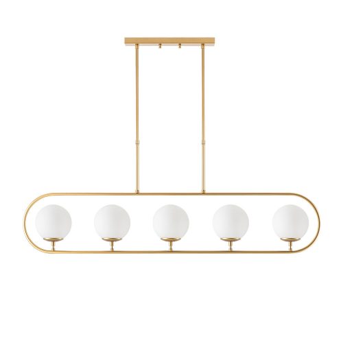 Elegant shiny gold chandelier, metal body and glass cap, 122 x 15 cm, adjustable height 49-91 cm, 5 x E14 socket, modern Scandinavian design, perfect for charming home decoration and lighting