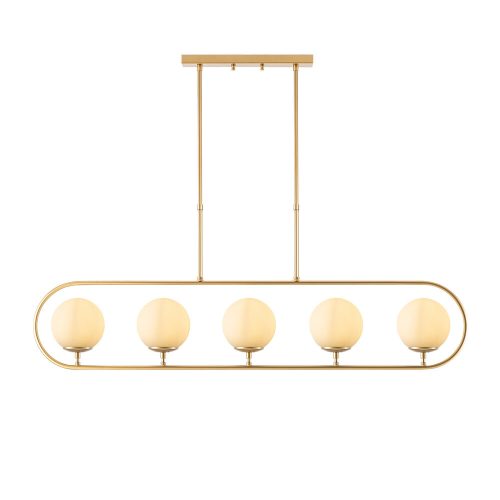 Elegant shiny gold chandelier, metal body and glass cap, 122 x 15 cm, adjustable height 49-91 cm, 5 x E14 socket, modern Scandinavian design, perfect for charming home decoration and lighting