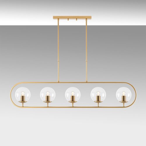 Elegant shiny gold chandelier, metal body and glass cap, 122 x 15 cm, adjustable height 49-91 cm, 5 x E14 socket, modern Scandinavian design, perfect for charming home decoration and lighting