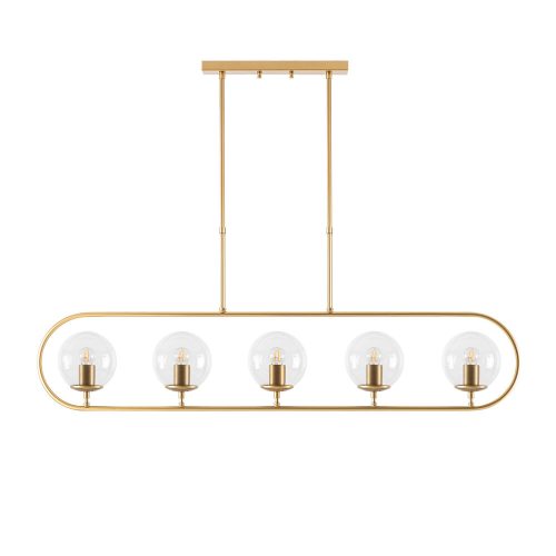Elegant shiny gold chandelier, metal body and glass cap, 122 x 15 cm, adjustable height 49-91 cm, 5 x E14 socket, modern Scandinavian design, perfect for charming home decoration and lighting