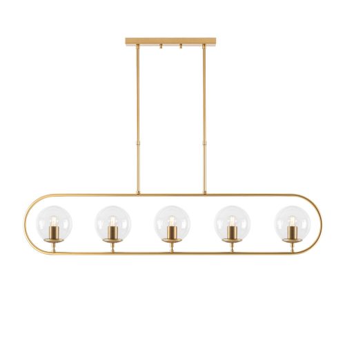Elegant shiny gold chandelier, metal body and glass cap, 122 x 15 cm, adjustable height 49-91 cm, 5 x E14 socket, modern Scandinavian design, perfect for charming home decoration and lighting