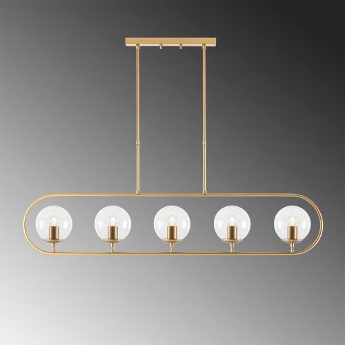 Elegant shiny gold chandelier, metal body and glass cap, 122 x 15 cm, adjustable height 49-91 cm, 5 x E14 socket, modern Scandinavian design, perfect for charming home decoration and lighting