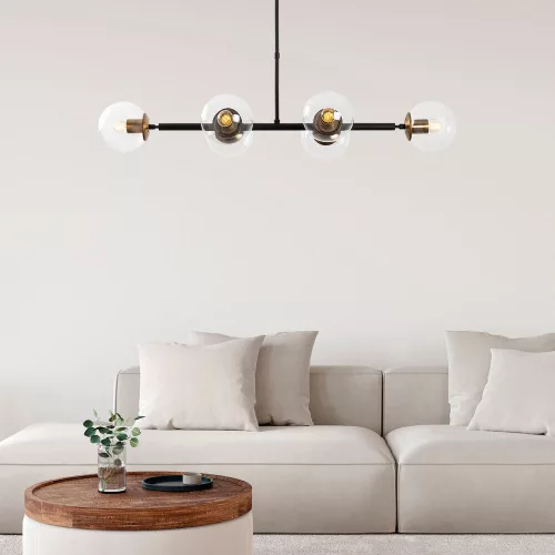 Modern industrial chandelier, adjustable height, black and antique design, 110 x 40 x 35-66 cm | Metal housing, glass cap, 6 x E14 sockets (max. 40 W) | Perfect for Scandinavian and modern decor
