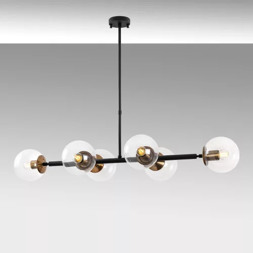 Modern industrial chandelier, adjustable height, black and antique design, 110 x 40 x 35-66 cm | Metal housing, glass cap, 6 x E14 sockets (max. 40 W) | Perfect for Scandinavian and modern decor