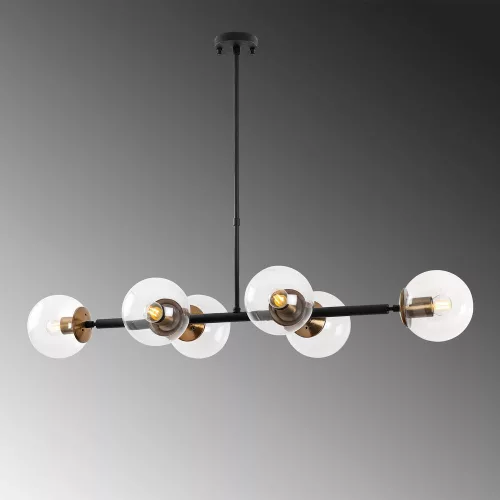 Modern industrial chandelier, adjustable height, black and antique design, 110 x 40 x 35-66 cm | Metal housing, glass cap, 6 x E14 sockets (max. 40 W) | Perfect for Scandinavian and modern decor